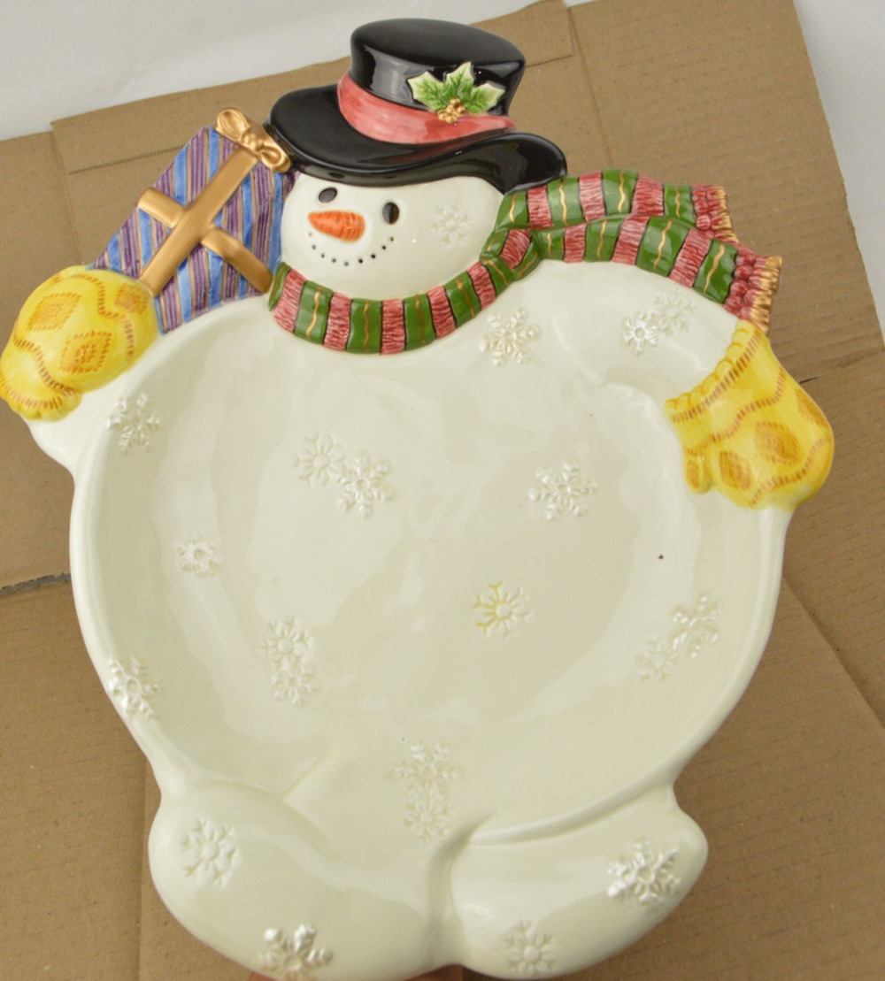 Fitz and Floyd Snowman Christmas Serving Platter Tray Ceramic 14" Holiday